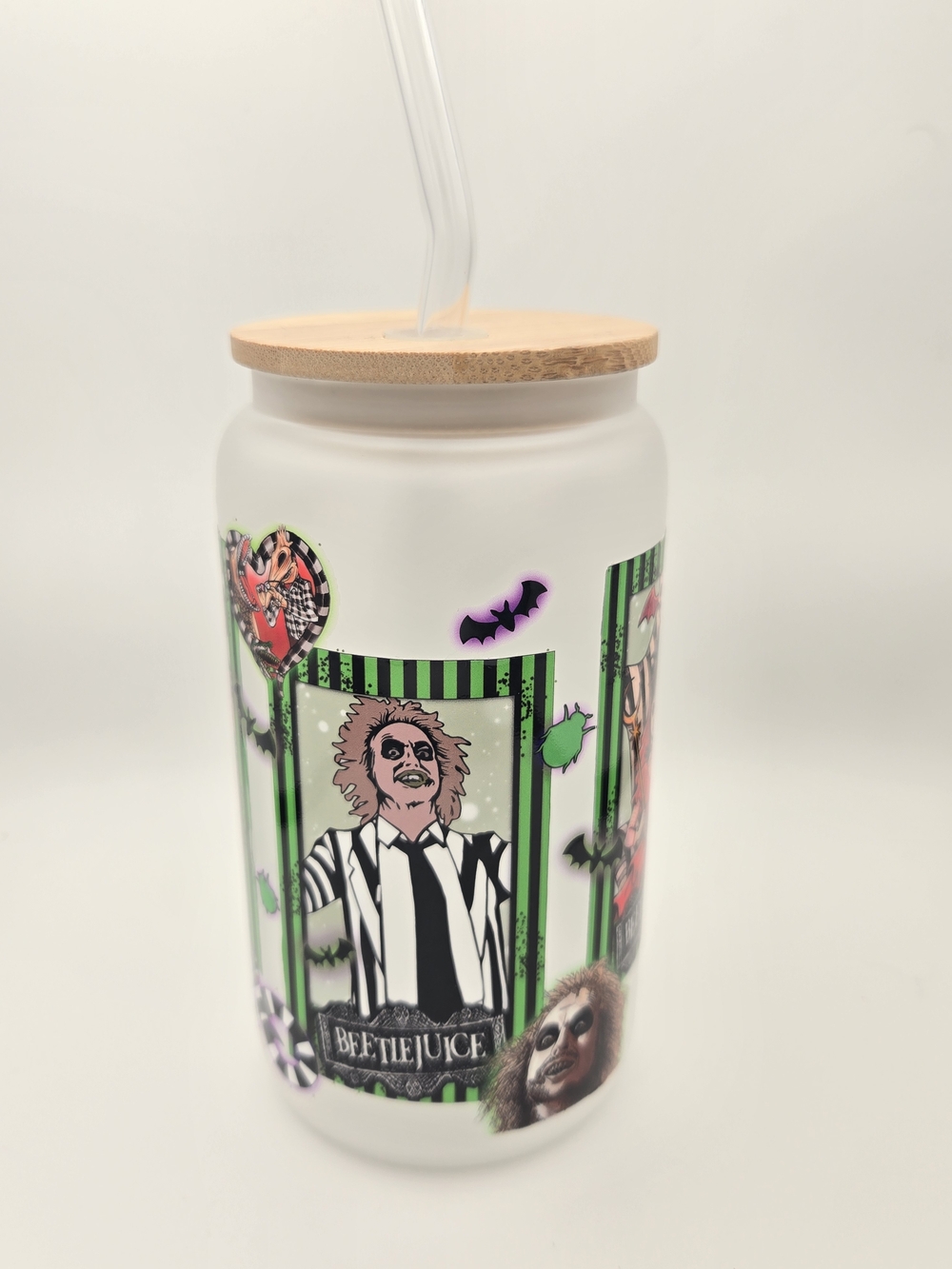 Beetlejuice-Themed Frosted Glass Drink Jar with Bamboo Lid - White/Green 16oz